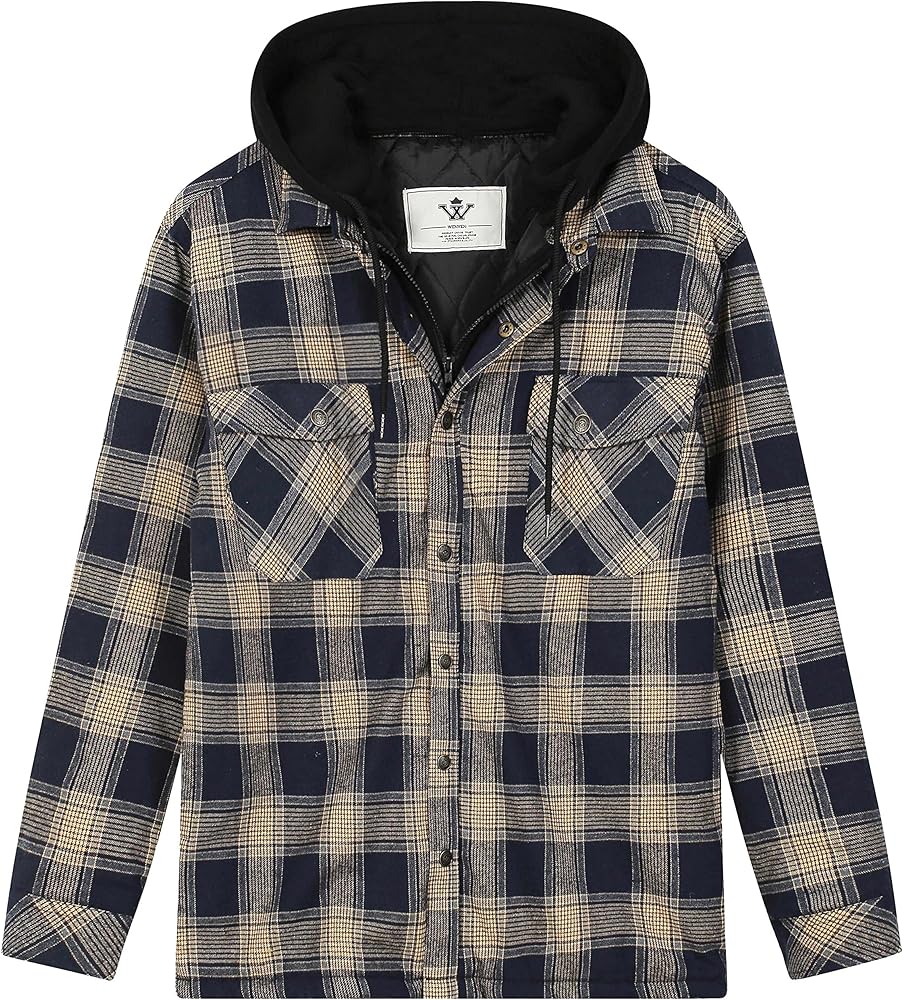 WenVen Men's Thicken Plaid Flannel Quilted Shirts Jacket with Removable Hood