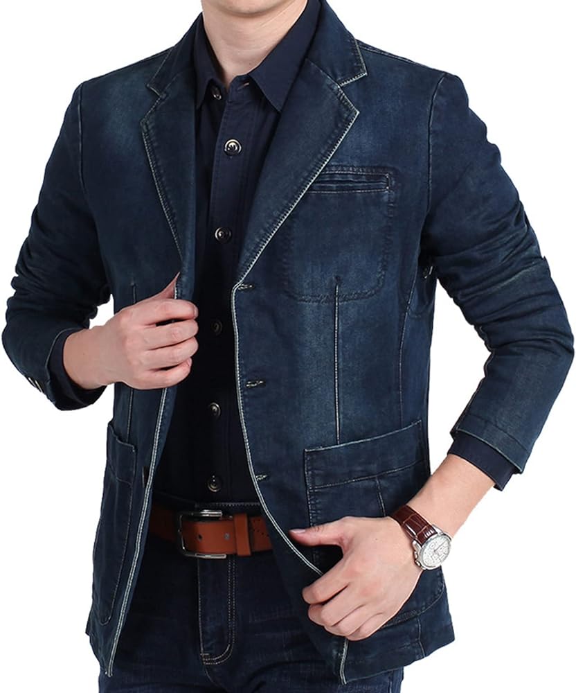 Men`s Vintage Label Collar Denim Jeans Jacket Trench Coat