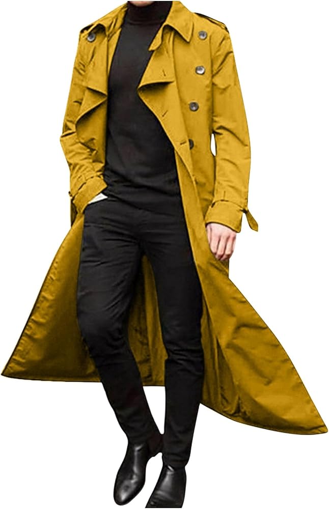 Men's Double Breasted Long Trench Coat Business Casual Oversized Windbreaker Notch Lapel Jacket Windproof Overcoat