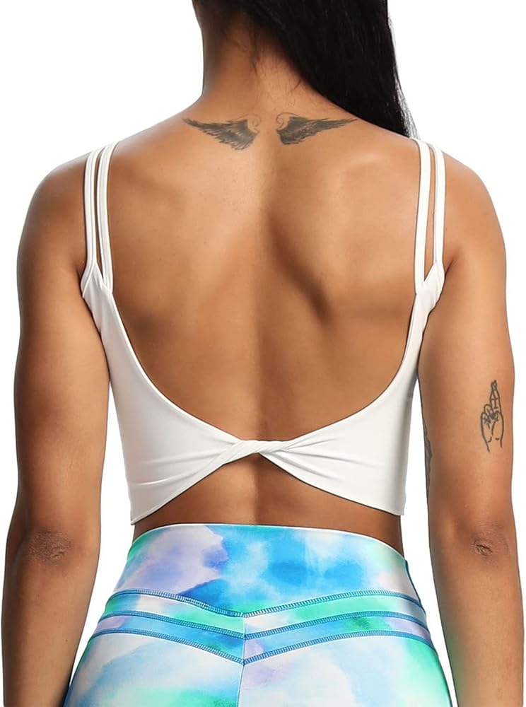 Aoxjox Women's Workout Sports Bras Fitness Padded Backless Yoga Crop Tank Top Twist Back Cami