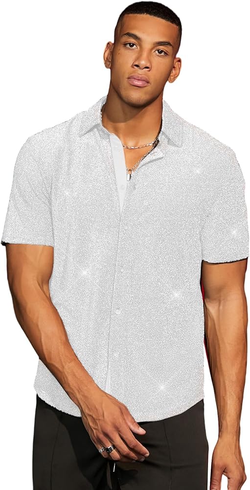 Verdusa Men's Glitter Button Down Shirt Short Sleeve Tops