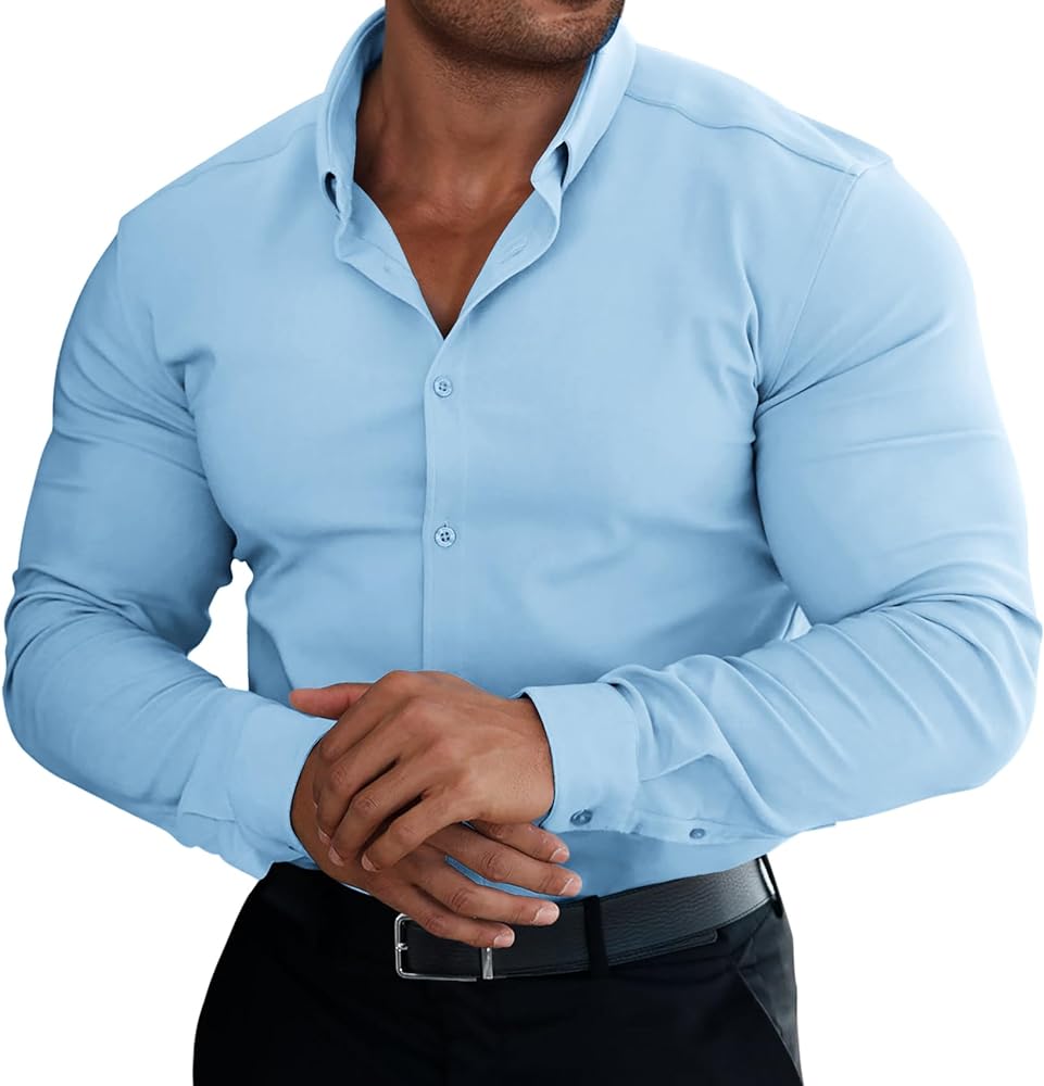 Alimens & Gentle Men's Muscle Fit Dress Shirts Long Sleeve Wrinkle-Resistant Athletic Fit Mens Button Down Shirt