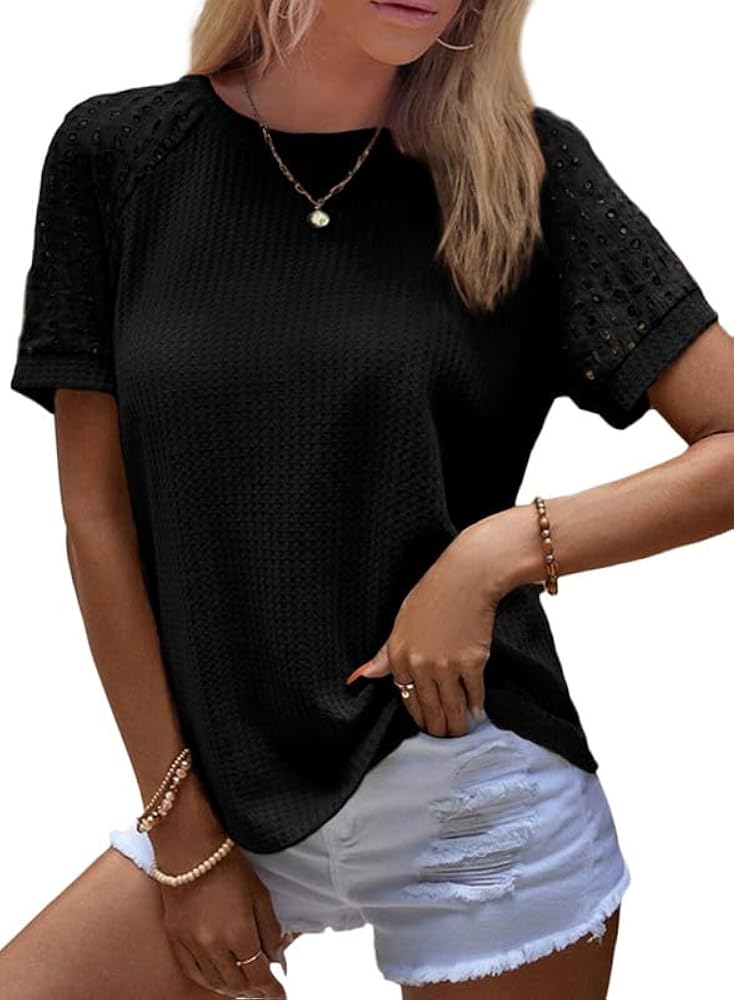 SHEWIN Women's Waffle Knit Tops Casual Crew Neck Hollow Out Raglan Short Sleeve Summer T-Shirts Blouses