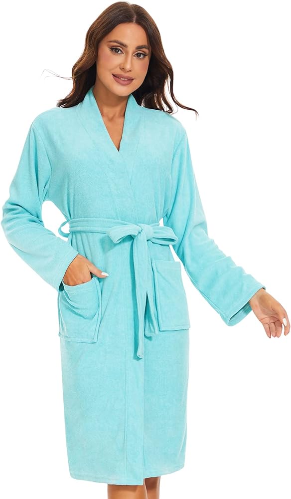 Women Bath Robes Terry Cloth Towel Robe Knee Length Bathrobe with Pockets