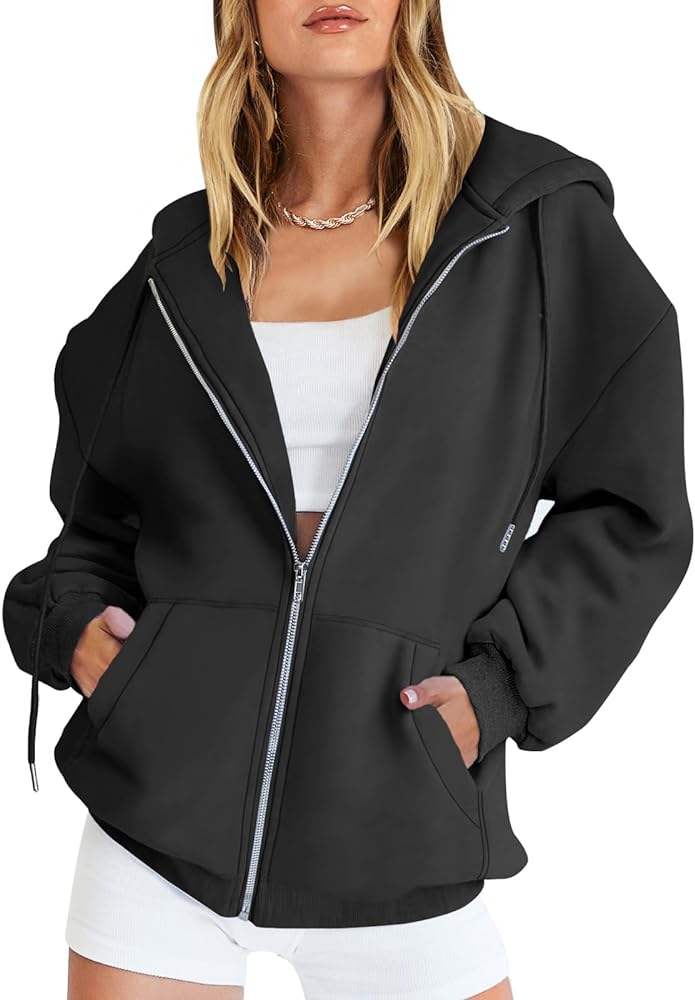 Caracilia Womens Zip Up Hoodies Oversized Long Sleeve Sweatshirts Casual Y2K Hoodie 2024 Fall Jacket with Pockets