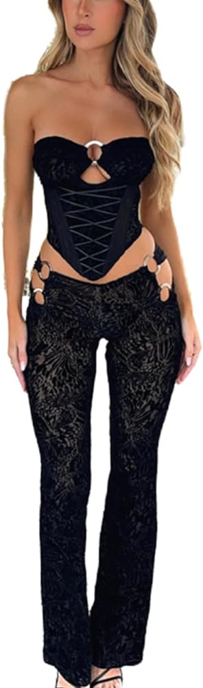 Womens Sexy 2 Piece Outfits Lace Up Band Top Ring Cutout Long Pants Sexy Club Sets