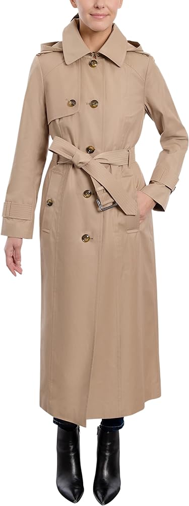 LONDON FOG Women's Single Breasted Long Trench Coat with Epaulettes and Belt