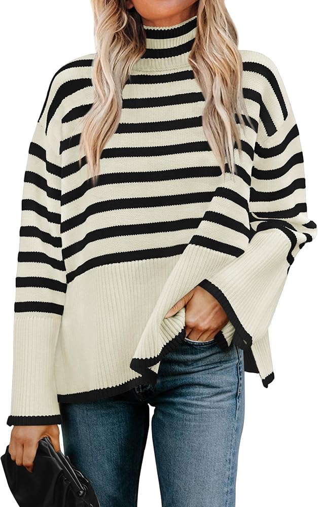 ZESICA Women's 2024 Winter Sweaters Casual Turtleneck Long Sleeve Striped Side Slit Loose Pullover Sweater Jumper Tops