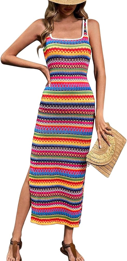 PRETTYGARDEN Maxi Dresses for Women 2024 Summer Casual Tank Dress Fitted Tight Square Neck Beach Sundress