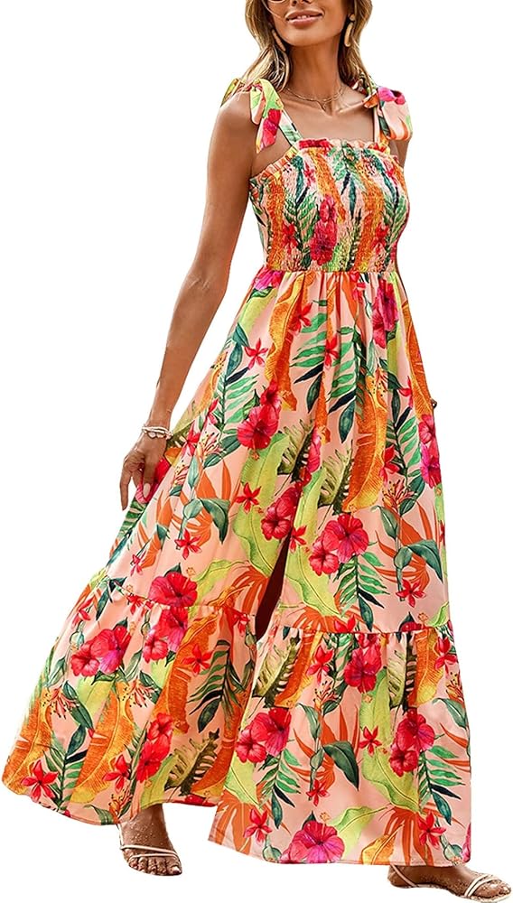 Floerns Women's Floral Print Tie Strap Square Neck Ruffle Boho Maxi Dress