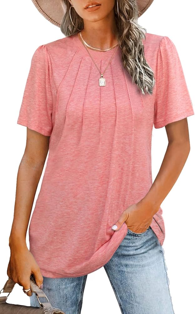 Womens Tops Summer Short Puff Sleeve Pleated Shirts Casual Loose Tshirts Trendy 2024