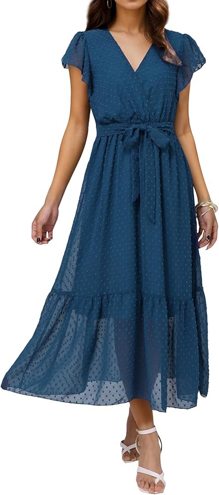 Women Summer Bohemian Midi Dress Floral Casual Wrap V Neck Dress Ruffle Cap Sleeve A-Line Pleated Hem Dress