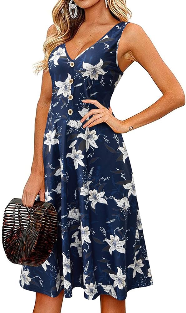 II ININ Women's 2024 Sundresses Casual Summer Tank Dress V Neck Sleeveless Button Down Midi Floral Beach Dress with Pockets