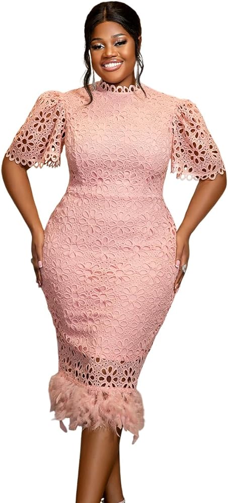 AOMEI Women's Summer Hollow Out Lace Flower Dress Short Sleeve Stand Collar Feather Bodycon Business Office Dresses