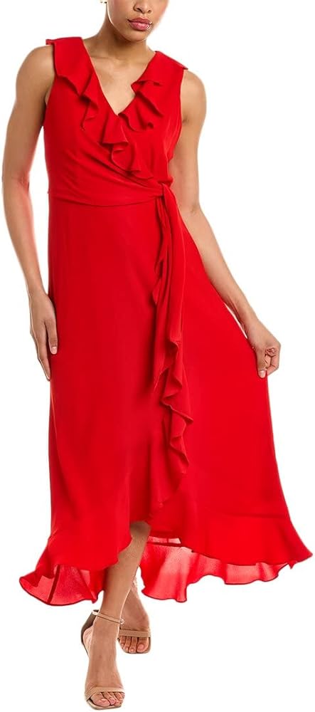 London Times Women's Soft and Flowy Feminine Ruffle Hi-low Faux Wrap Maxi Dress