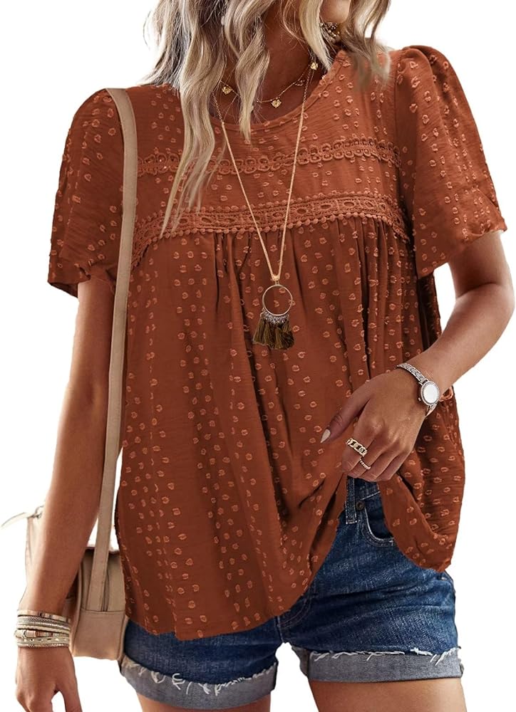 Womens Summer Tops Crewneck Short Sleeve Shirts Casual Chiffon Blouses Flowy Lace Hem Boho Clothing Trendy 2024