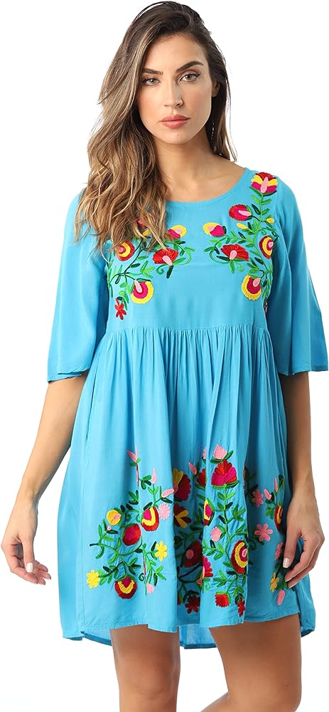 Riviera Sun Rayon Crepe Short Dress with Multicolored Embroidery