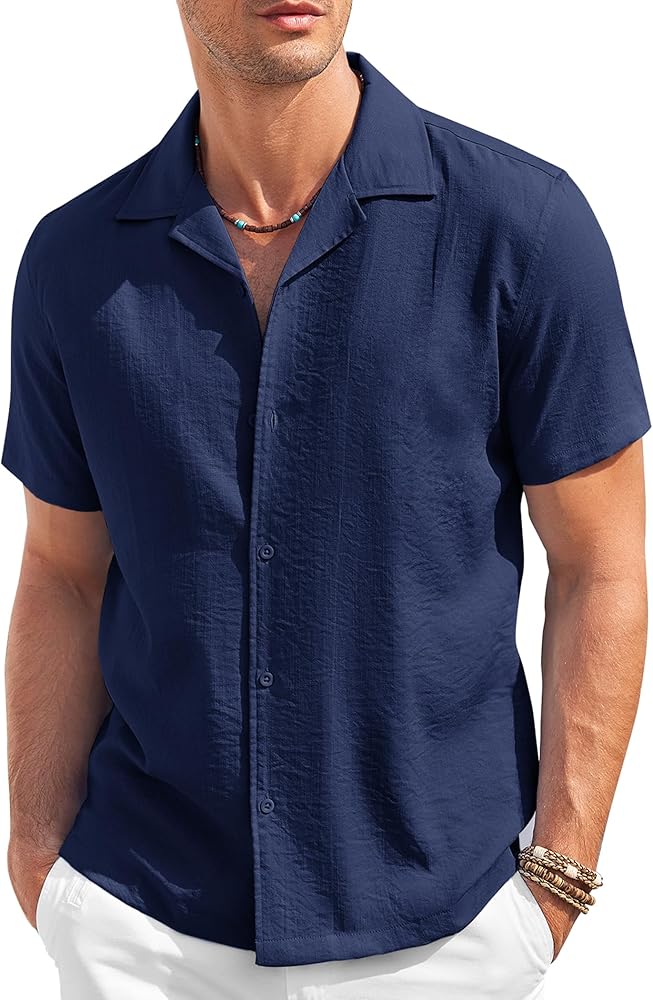 COOFANDY Men's Casual Button Down Shirt Short Sleeve Textured Summer Cuban Beach Shirts