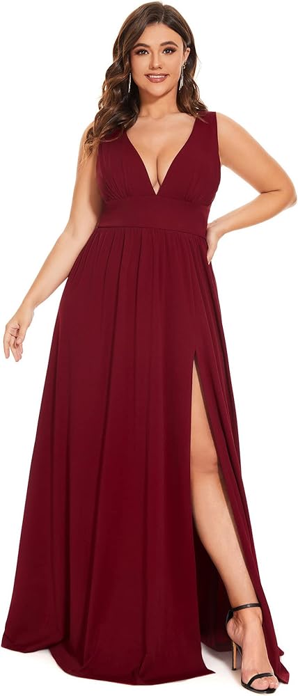 Ever-Pretty Summer Maxi High Slit Pleated Sleeveless Plus Size Formal Dresses for Curvy Women 0168B-DA1