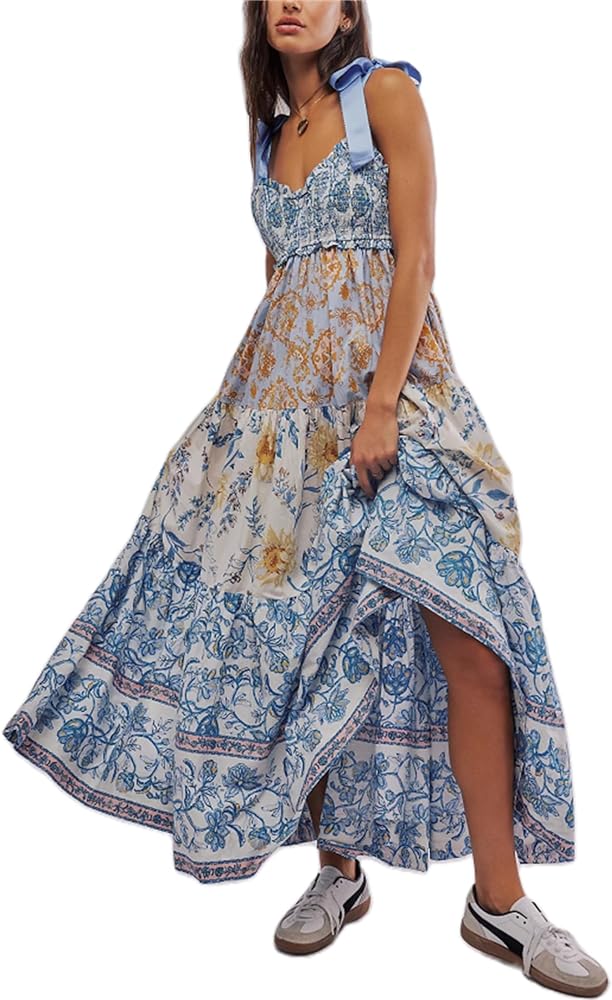 Women Summer Boho Dress Flowy Sundress Floral Printing Sleeveless Tie Shoulder Maxi Dress Y2k Beachwear Dress