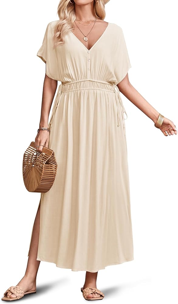 Fisoew Womens V Neck Casual Dress Short Sleeve Drawstring High Waist Split Summer Maxi Dresses