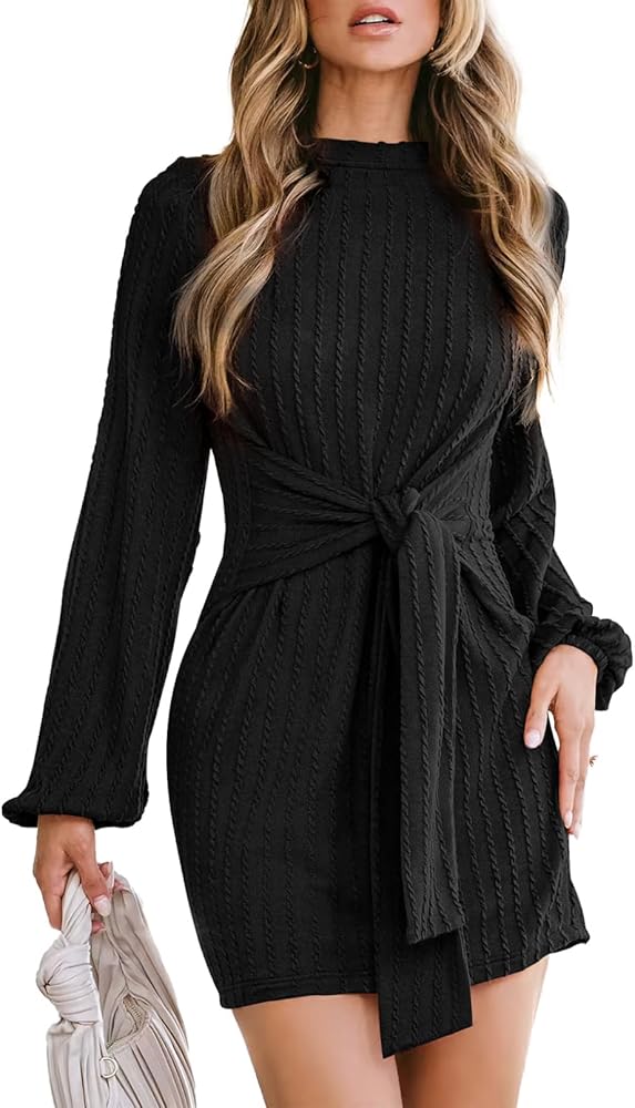 Acelitt Womens Casual Fall Dresses Long Lantern Sleeve Crewneck Tie Waist Textured Mini Dress