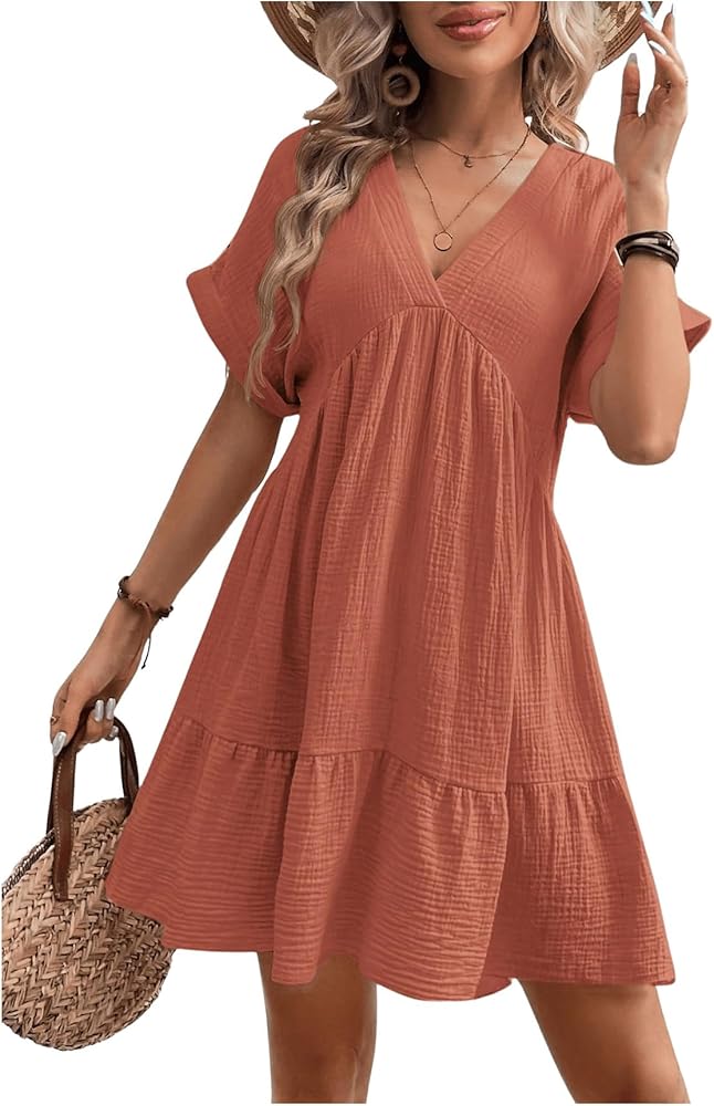 SOLY HUX Women's V Neck Short Sleeve Ruffle Hem Dress Loose Short Smock Dresses