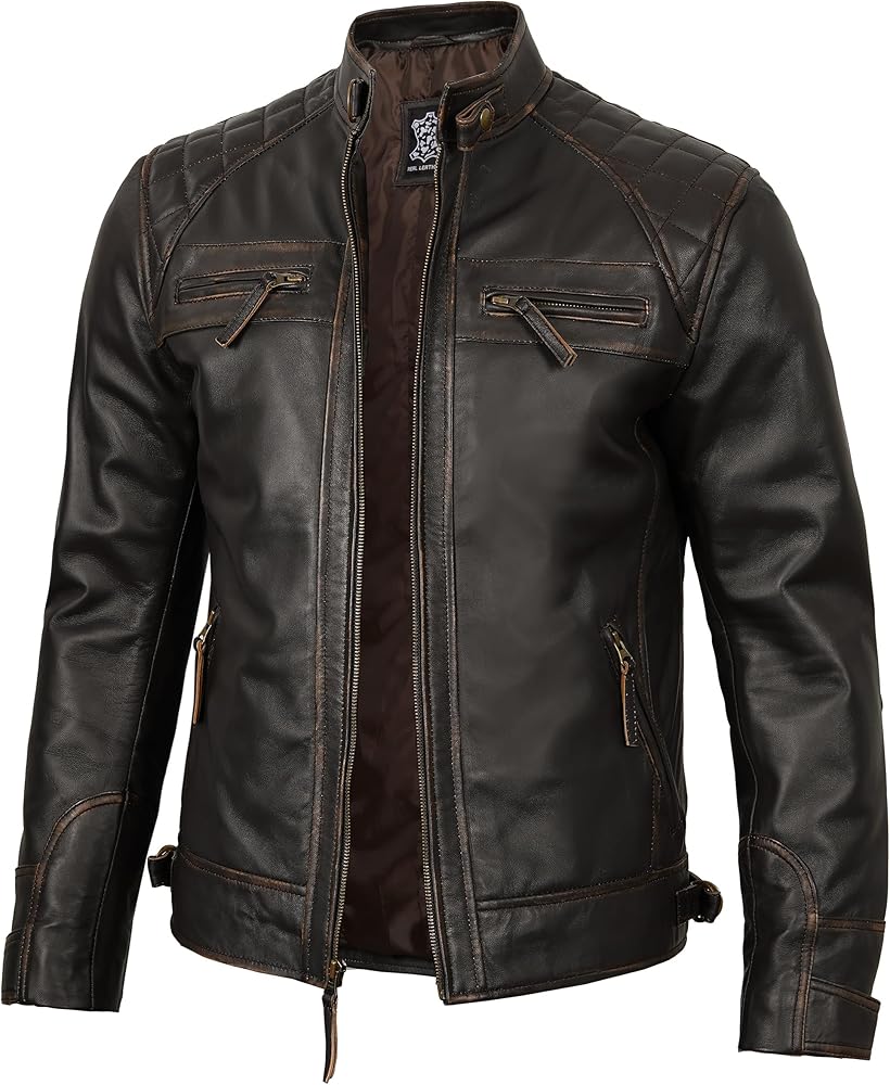 fjackets Real Lambskin Leather Biker Jacket - Quilted Cafe Racer Zip Up Moto Jackets Men