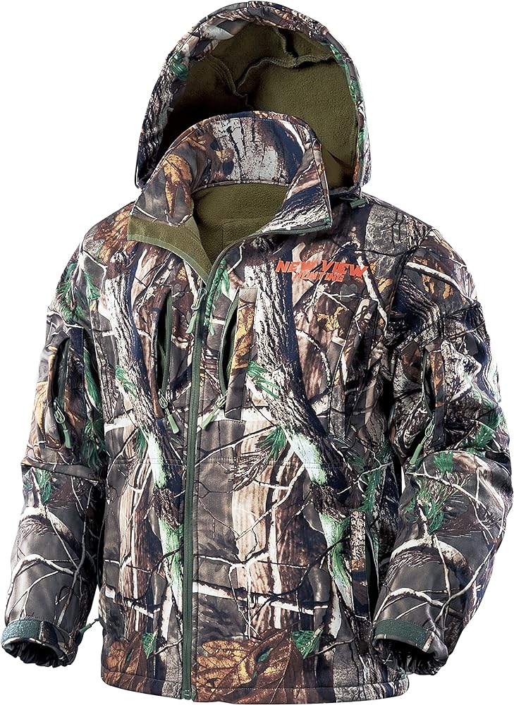 NEW VIEW Camo Hunting Jackets for Men, Warm Fleece Lined Hunting Jacket with Hood, Quiet Water Resistant Hunting Clothes