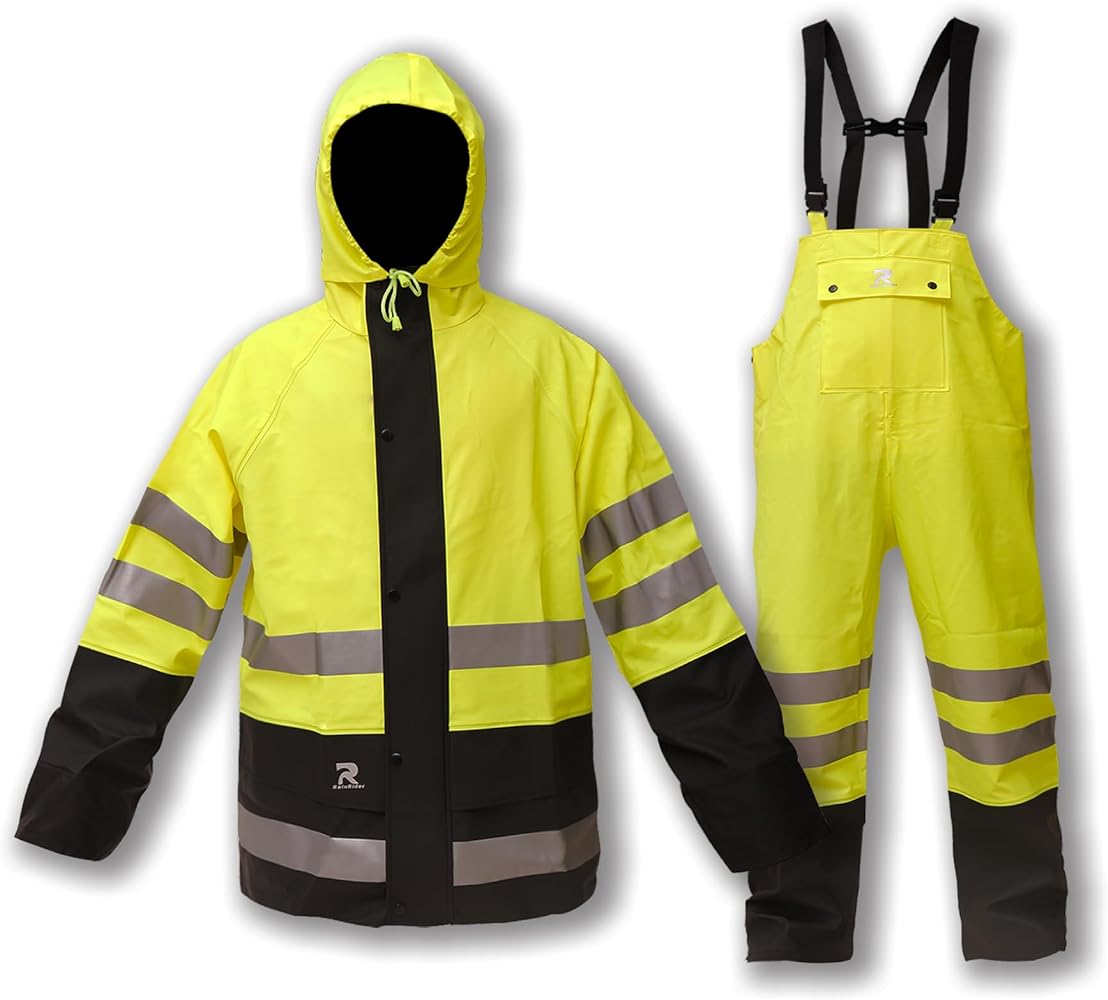 RainRider Rain Suits Waterproof for Men & Women Heavy Duty Rain Gear High Visibility Reflective Jacket Bib Pants