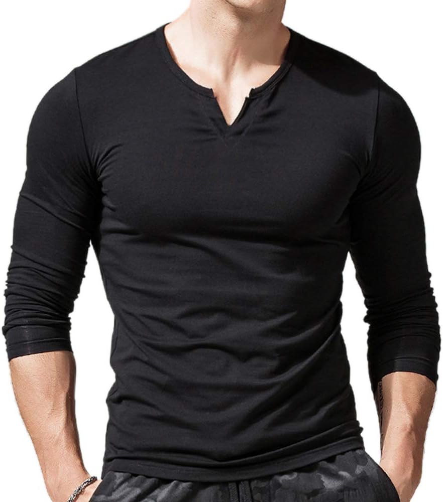 Men Long Sleeve Athletic Shirts Slim Fit Cotton V neck