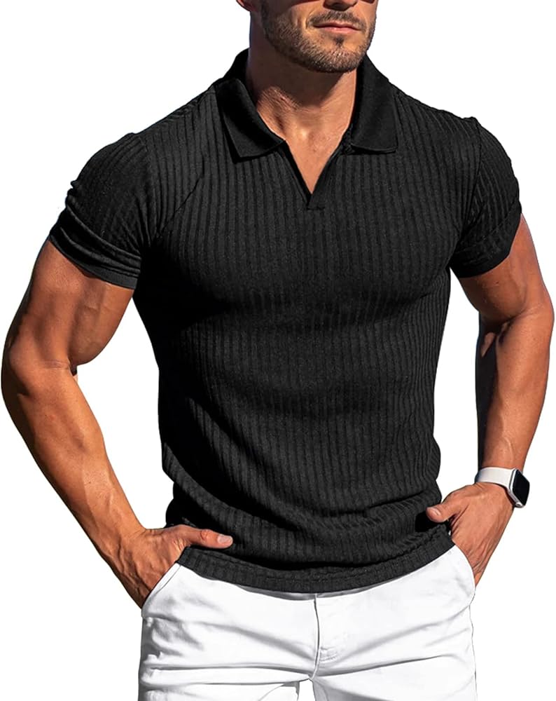 Men's Polo Shirts Slim Fit Short Sleeve Classic Golf Shirts Ribbed Knit V Neck Casual Shirts for Men