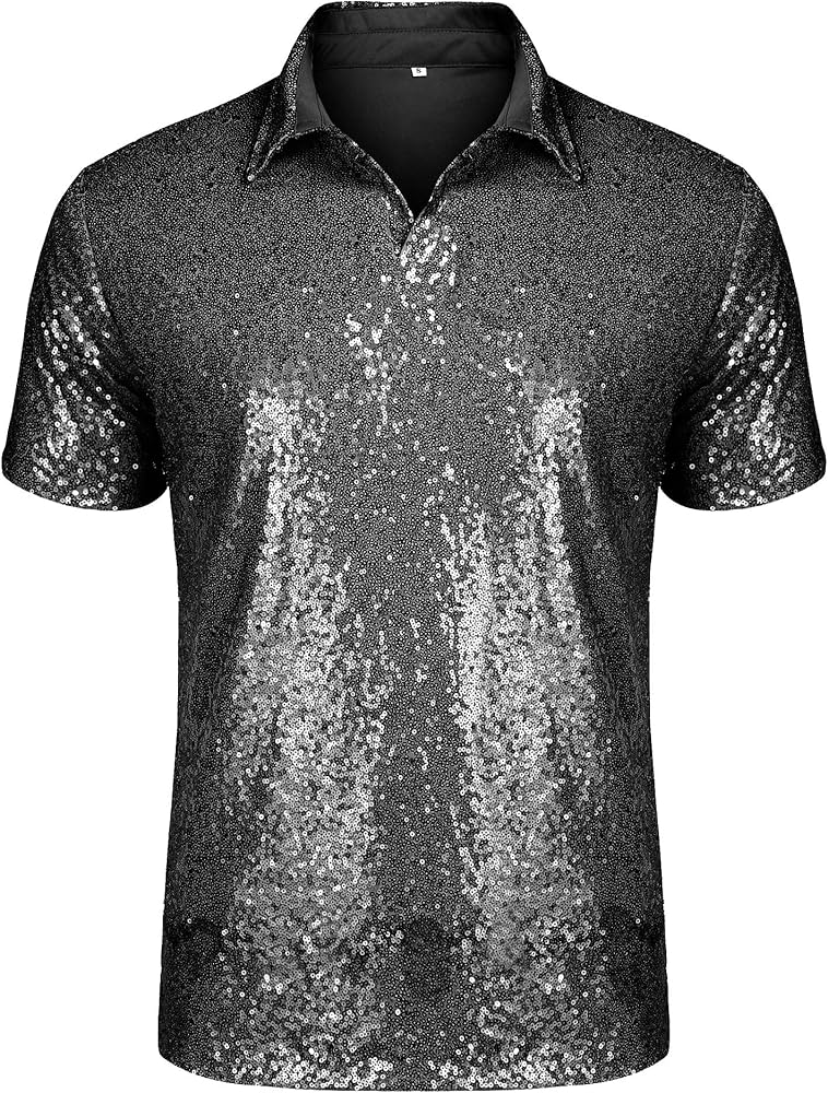 URRU Men's Relaxed Short Sleeve Turndown Sparkle Sequins Polo Shirts 70s Disco Nightclub Party Shirt Tops