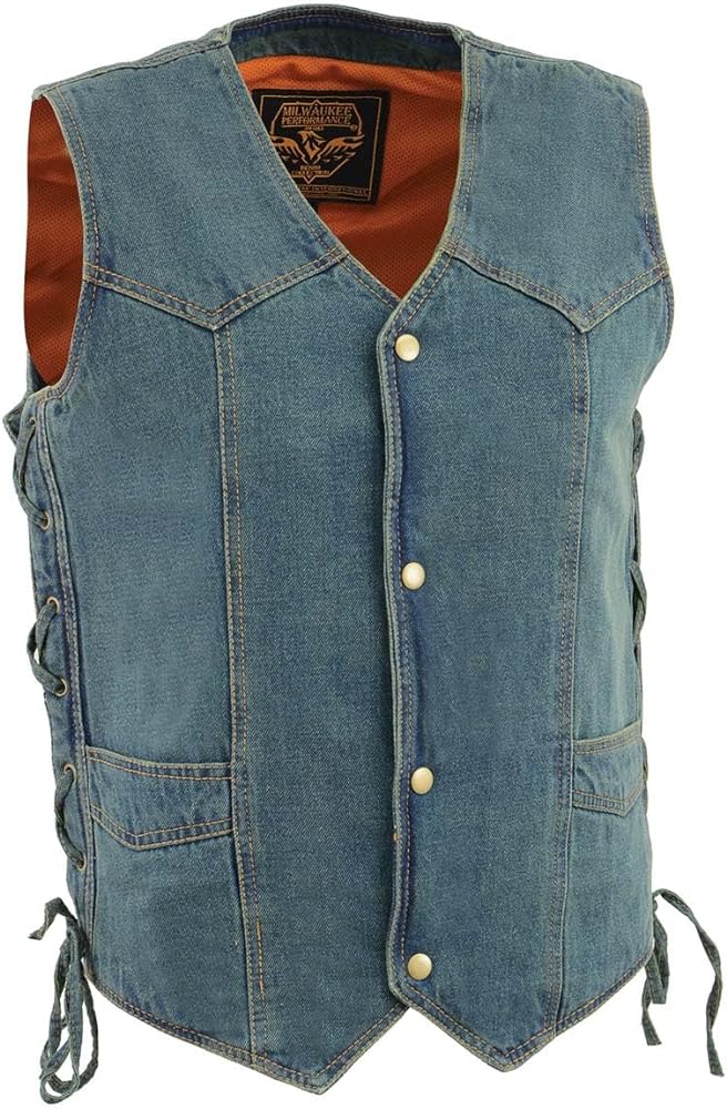 Milwaukee Leather DM1315 Men's Black Classic Denim Western Style Cowboy Biker Vest with Adjustable Side Laces