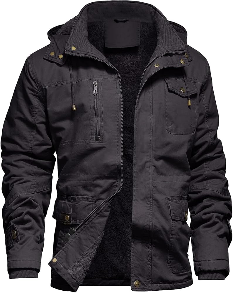 Men's Winter Jacket Military Jacket Fleece Lined Warm Cargo Jackets Removable Hood Cotton Work Coat