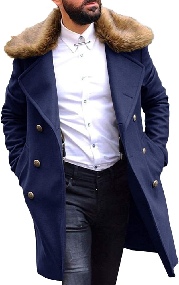 PASLTER Men's Winter Trench Overcoat Removable Faux Fur Collar Top Coat Double Breasted Business Long Pea Coat