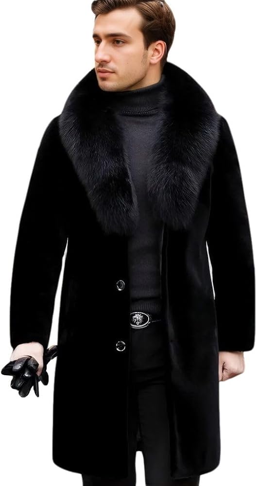 Long Faux Fur Coat Outwear Black Winter Parka Overcoat for Men