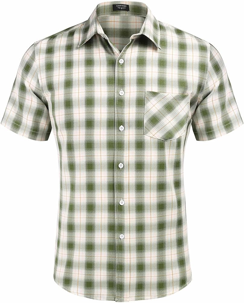 COOFANDY Men's Short Sleeve Plaid Dress Shirt Classic Fit Wrinkle-Free Casual Button Down Checked Shirts with Pocket Green, XXX-Large