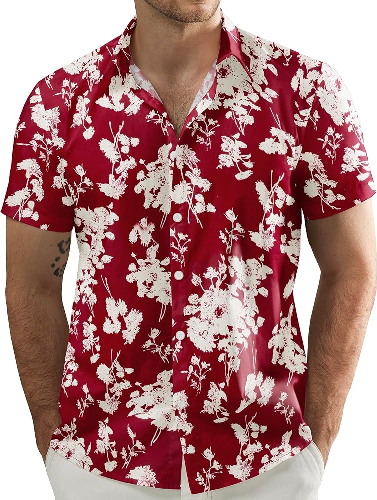 JOGAL Men's Hawaiian Shirt Casual Short Sleeve Button Down Shirt Tropical Floral Summer Beach Shirt