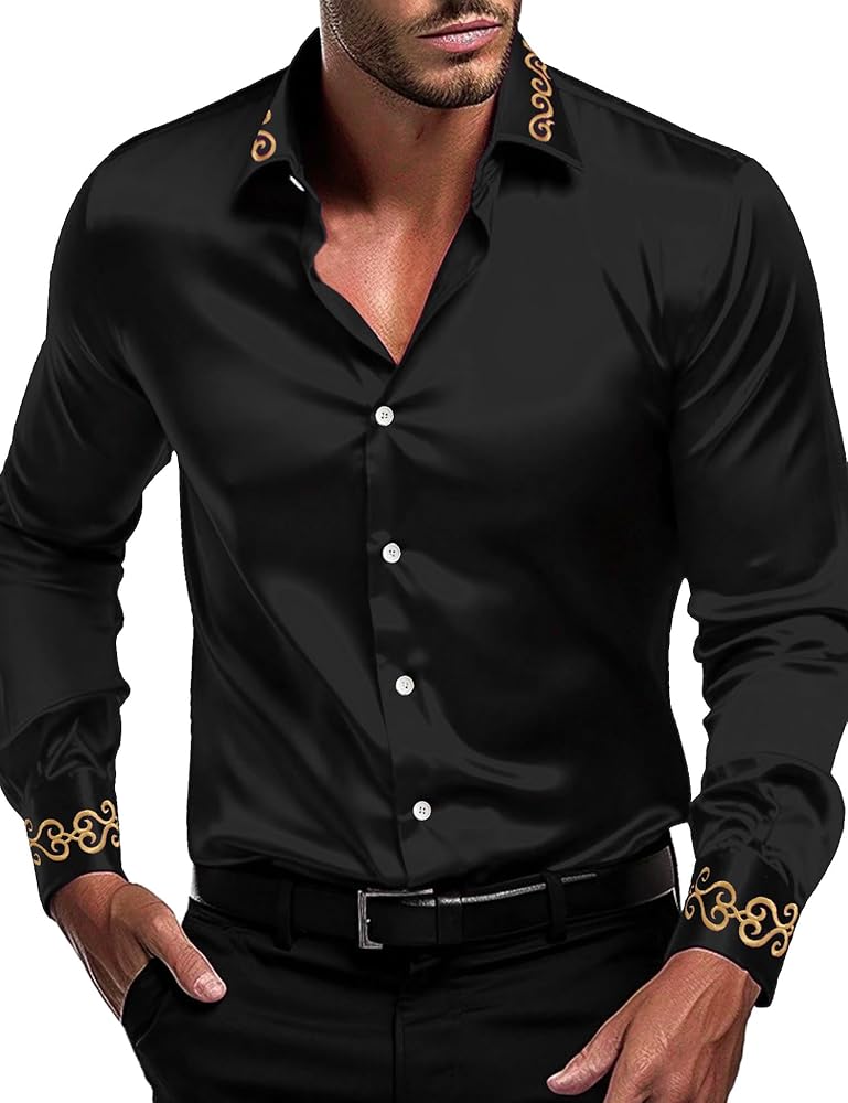 Men's Luxury Satin Dress Shirt Shiny Embroidery Silk Long Sleeve Button Up Shirts Prom Wedding Party Shirt