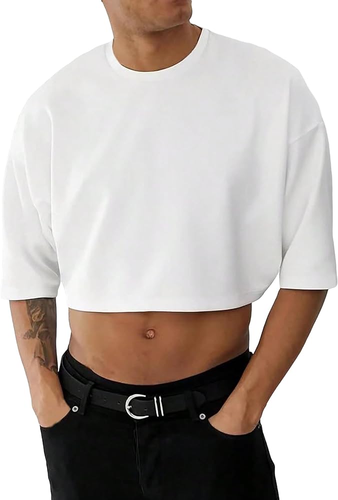 OYOANGLE Men's Half Sleeve Round Neck Drop Shoulder Cropped T Shirt Solid Summer Tee Tops White Medium