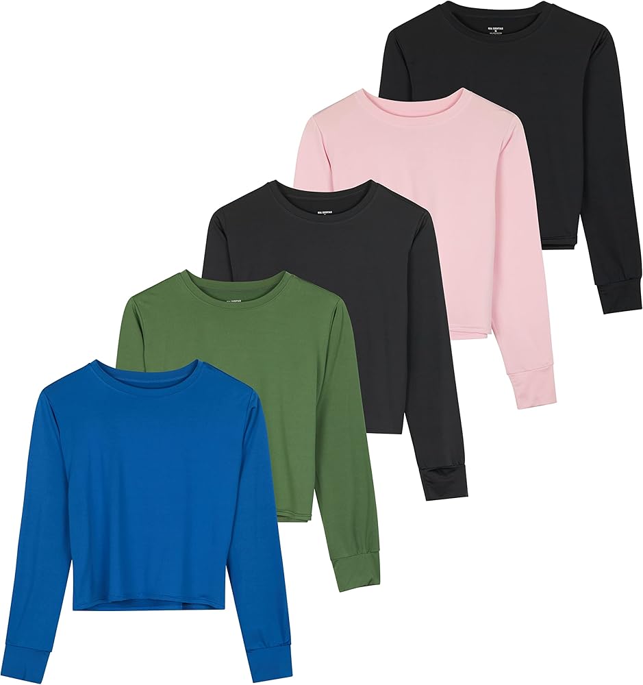 Real Essentials 5 Pack: Women's Dry Fit Crop Top - Long Sleeve Crew Neck Stretch Athletic Tee (Available in Plus Size)