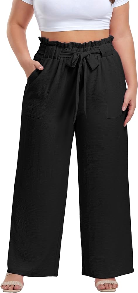 OLRIK Women's Casual Plus Size Pants High Waisted Self-tie Belted Lounge Pants Straight Long Trousers with Pockets