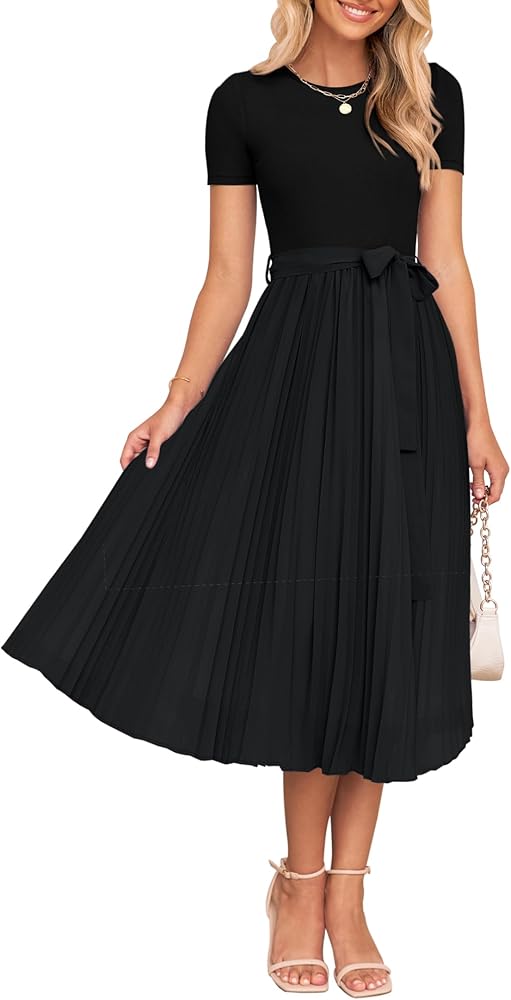 ZESICA Womens Summer Short Sleeve Midi Dresses Spring Casual Crew Neck Knit Belted Pleated A Line Flowy Wedding Guest Dress