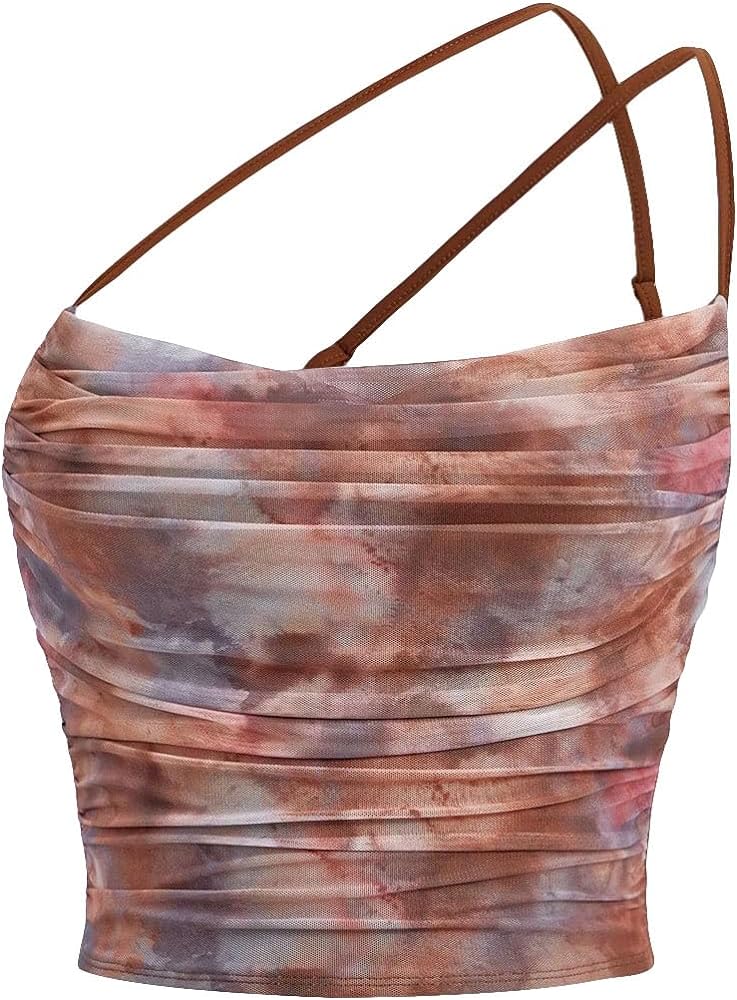 Floerns Women's Tie Dye Spaghetti Strap Cut Out One Shoulder Ruched Crop Cami Top