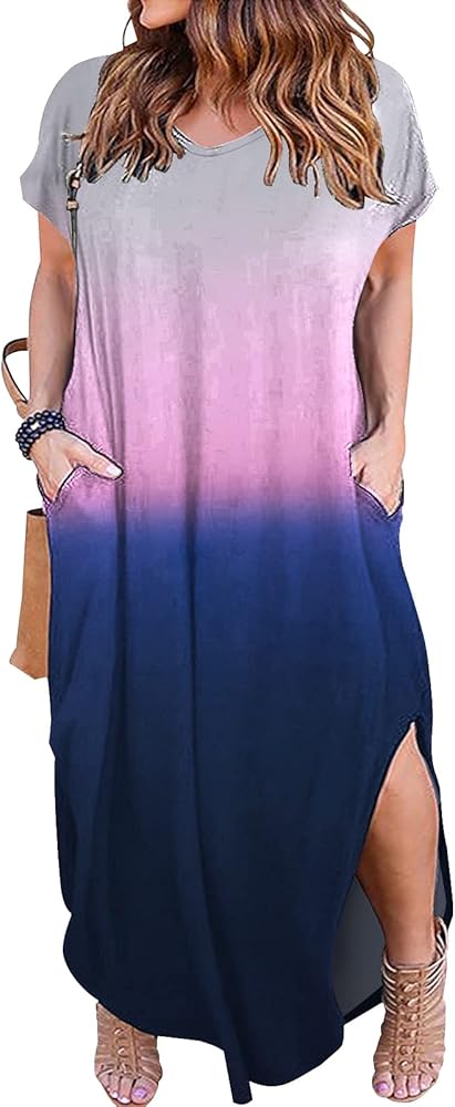 Kancystore Women's Plus Size Dresses Casual Loose Pocket Short Sleeve Slits Plus Size Long Maxi Dress XL-5X