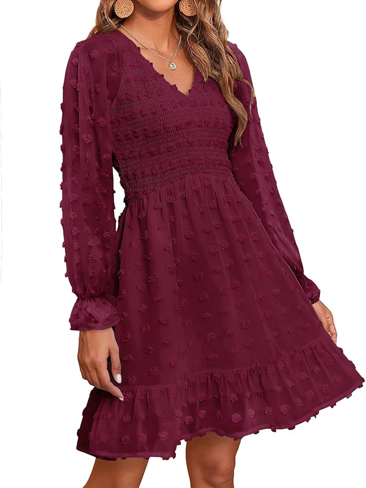 BTFBM Women V Neck Smocked Short Dress Long Sleeve Flowy Casual SwissDot Ruffle Mini Babydoll Spring Summer Dresses 2024