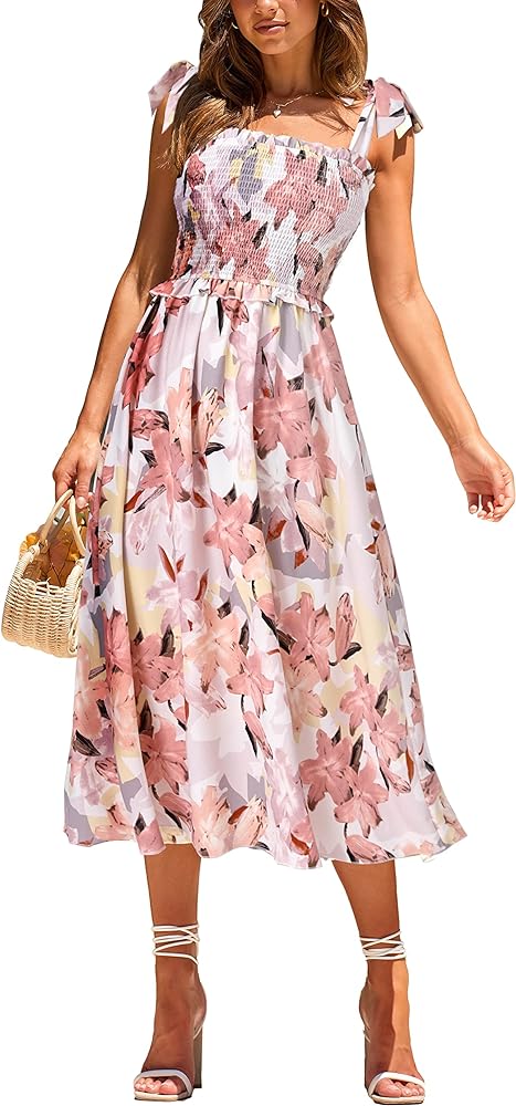 PRETTYGARDEN Women Summer Dresses 2024 Tie Strap Square Neck Smocked Ruffle Flowy Floral Print Boho Maxi Cocktail Dress