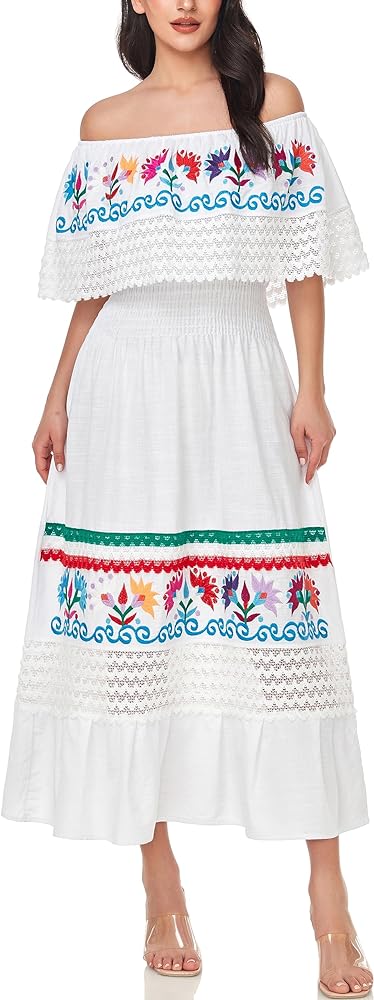 YZXDORWJ Women Embroidered Mexican Present Casual Sexy Lace Off-Shoulder Long Dress