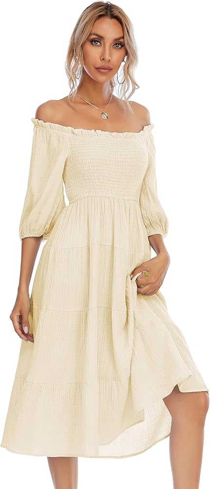 R.Vivimos Women's Summer Cotton Lantern Sleeves Ruffled Off Shoulder A-Line Midi Dresses